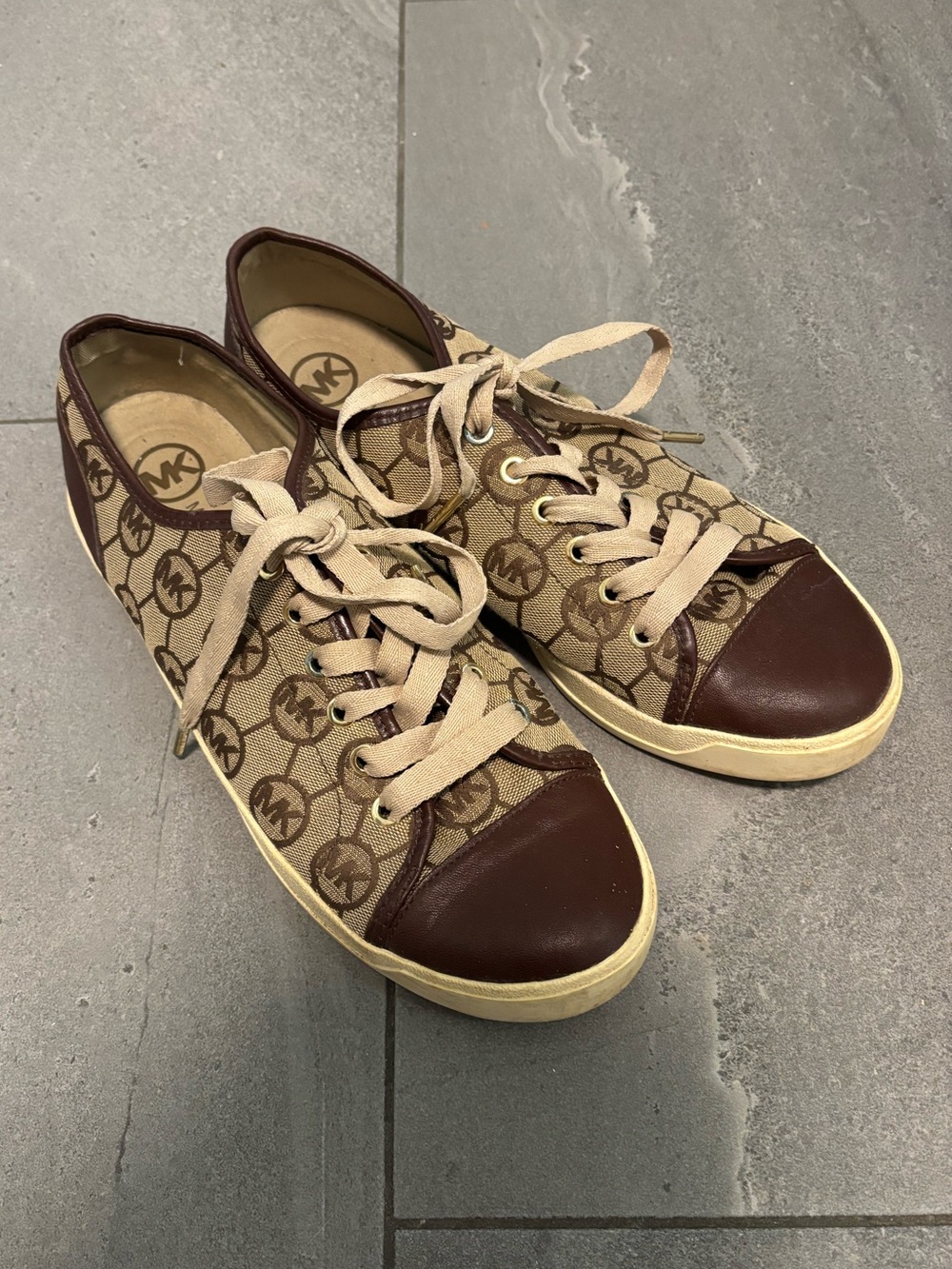 Michael Kors Brown and Tan Monogram Slip-On Sneakers